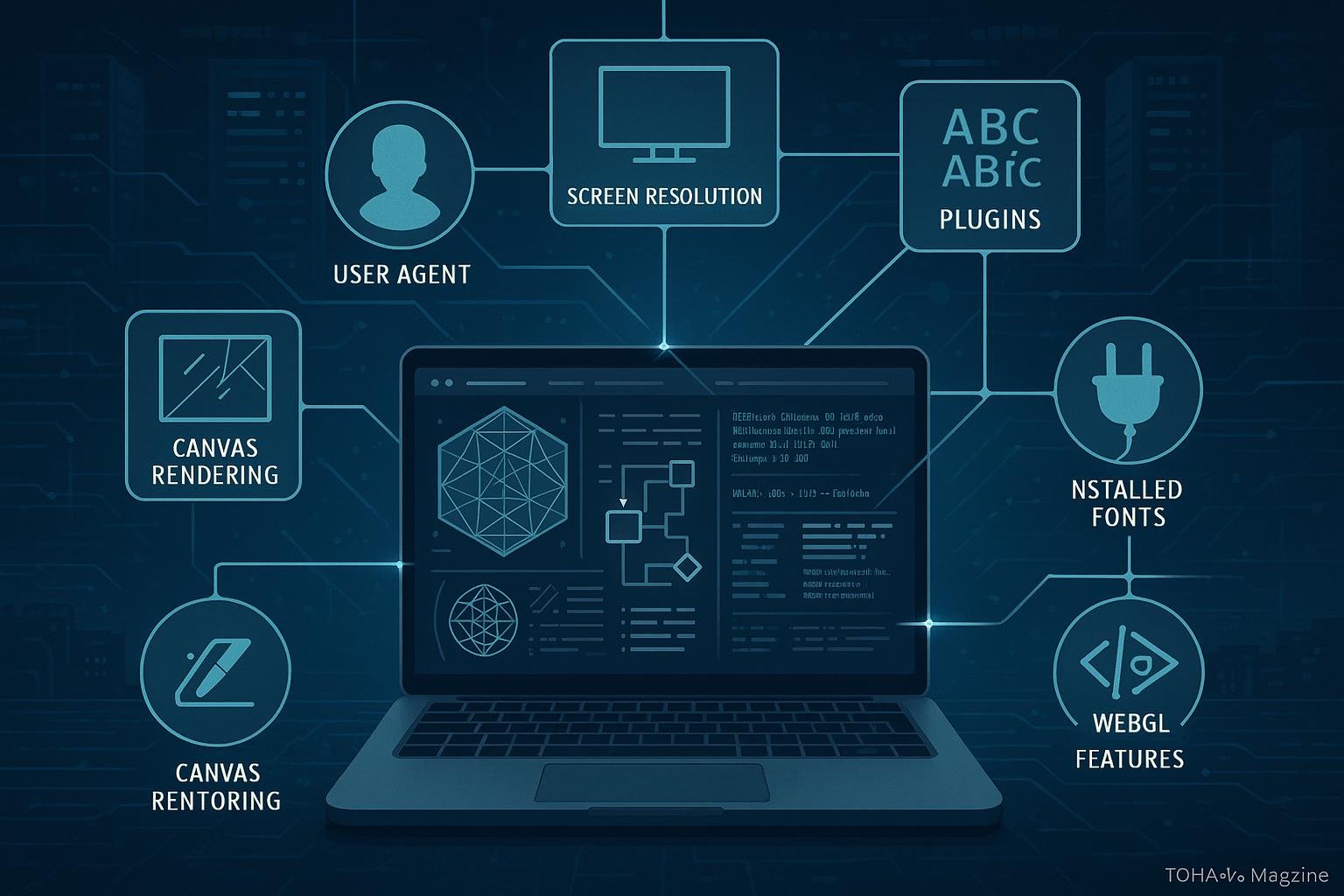 Grafische Darstellung eines modernen Computersystems mit Browser-Fingerprinting-Elementen und digitaler Signatur, im Hintergrund Server und Netzwerke.
