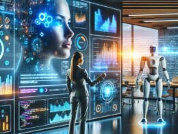 Moderner Marketing-Arbeitsplatz mit digitalen Bildschirmen, KI-Avatar und holografischen Kundendaten, die Innovation und technologische Integration darstellen