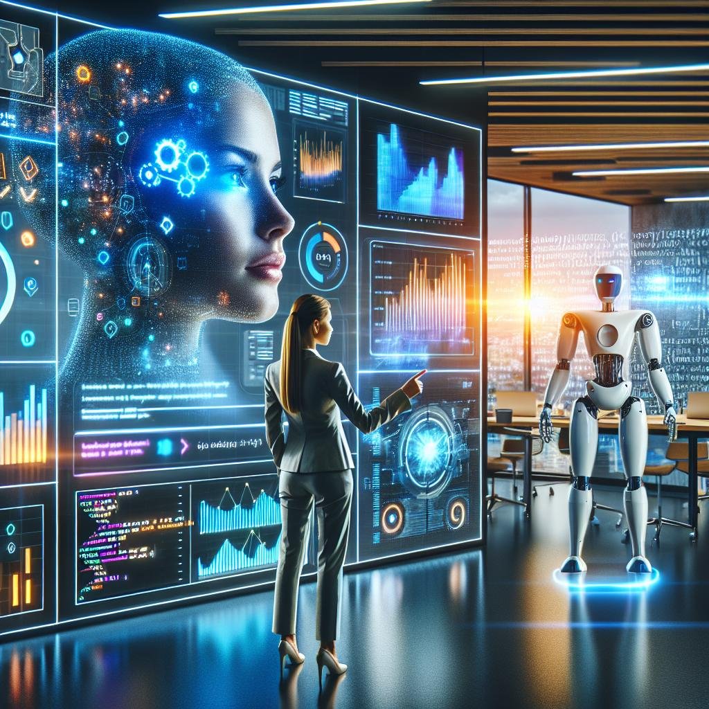 Moderner Marketing-Arbeitsplatz mit digitalen Bildschirmen, KI-Avatar und holografischen Kundendaten, die Innovation und technologische Integration darstellen