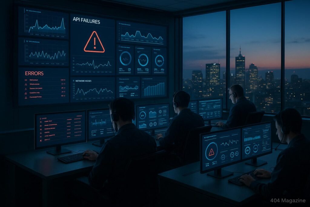 Hochmoderner Kontrollraum mit digitalen Bildschirmen, die Echtzeitdaten, Fehlerlogs und Systemstatus anzeigen, mit einem Stadtbild im Hintergrund, das Cloud-Edge-Infrastruktur symbolisiert.