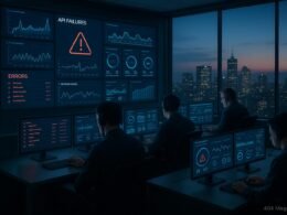 Hochmoderner Kontrollraum mit digitalen Bildschirmen, die Echtzeitdaten, Fehlerlogs und Systemstatus anzeigen, mit einem Stadtbild im Hintergrund, das Cloud-Edge-Infrastruktur symbolisiert.