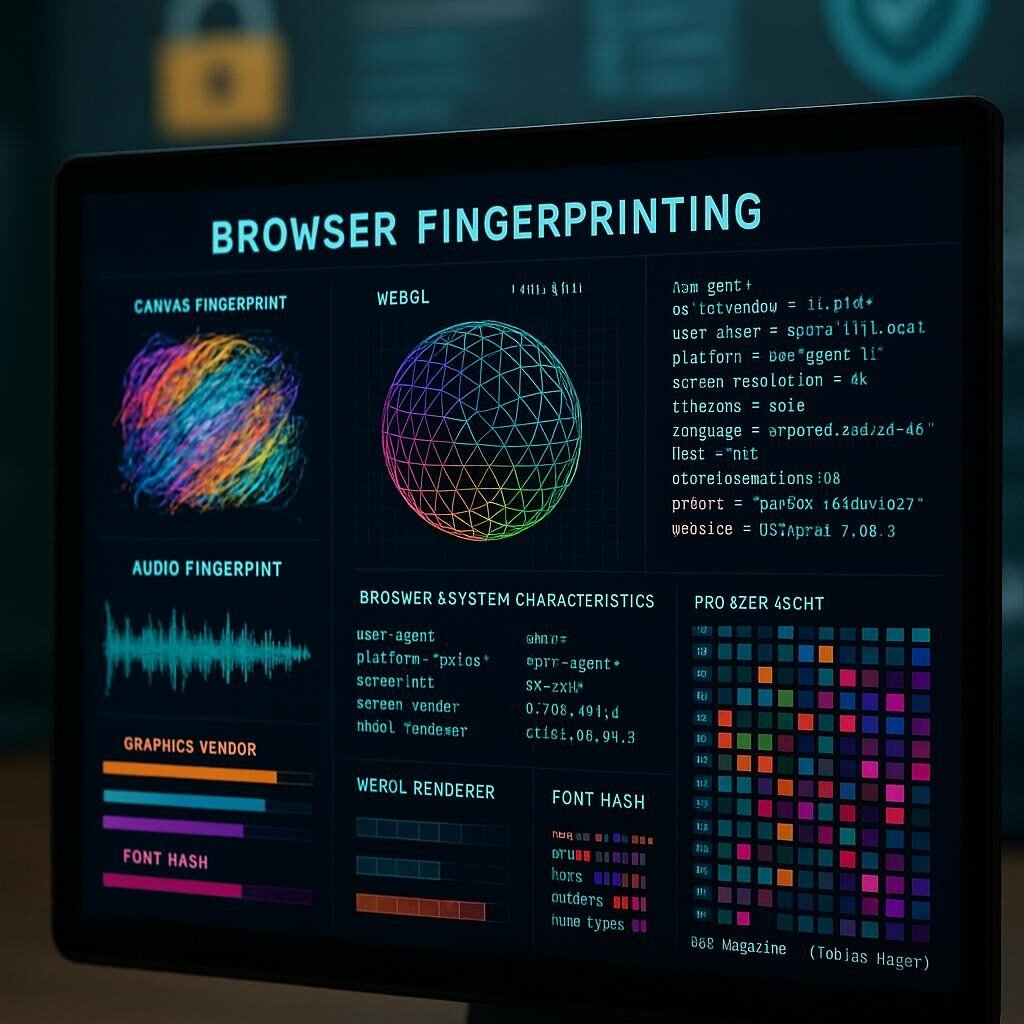 Nahaufnahme eines Computerbildschirms mit farbenfroher Visualisierung von Browser-Fingerprinting, technischen Daten und Diagrammen