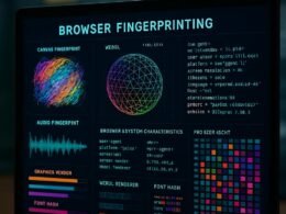 Nahaufnahme eines Computerbildschirms mit farbenfroher Visualisierung von Browser-Fingerprinting, technischen Daten und Diagrammen