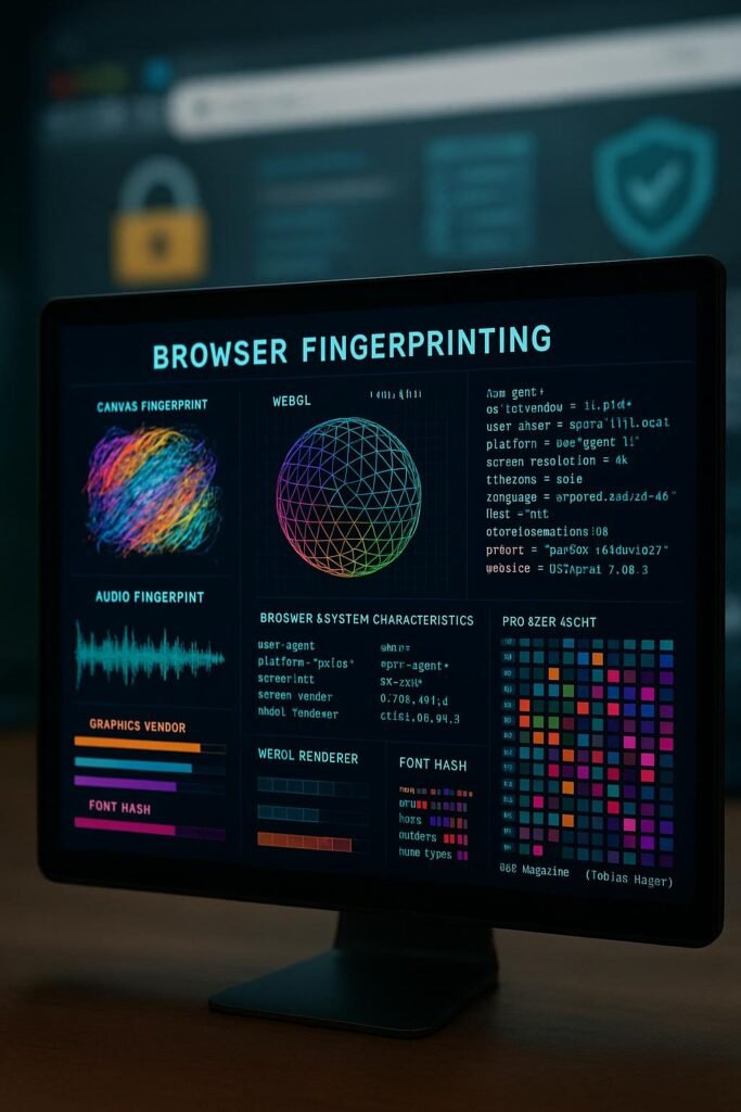 Nahaufnahme eines Computerbildschirms mit farbenfroher Visualisierung von Browser-Fingerprinting, technischen Daten und Diagrammen