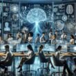Futuristisches Büro mit holografischen Bildschirmen, neuronaler Netzwerk-Visualisierung und digitalem Ambiente, das die Zukunft der Arbeit und KI-Hochtechnologie zeigt.