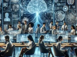 Futuristisches Büro mit holografischen Bildschirmen, neuronaler Netzwerk-Visualisierung und digitalem Ambiente, das die Zukunft der Arbeit und KI-Hochtechnologie zeigt.
