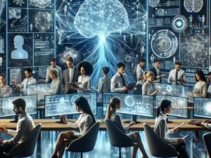 Futuristisches Büro mit holografischen Bildschirmen, neuronaler Netzwerk-Visualisierung und digitalem Ambiente, das die Zukunft der Arbeit und KI-Hochtechnologie zeigt.