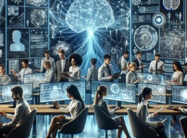 Futuristisches Büro mit holografischen Bildschirmen, neuronaler Netzwerk-Visualisierung und digitalem Ambiente, das die Zukunft der Arbeit und KI-Hochtechnologie zeigt.