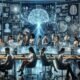 Futuristisches Büro mit holografischen Bildschirmen, neuronaler Netzwerk-Visualisierung und digitalem Ambiente, das die Zukunft der Arbeit und KI-Hochtechnologie zeigt.