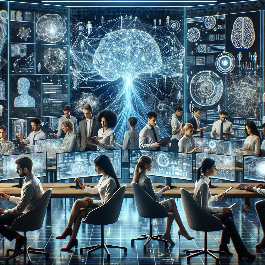 Futuristisches Büro mit holografischen Bildschirmen, neuronaler Netzwerk-Visualisierung und digitalem Ambiente, das die Zukunft der Arbeit und KI-Hochtechnologie zeigt.
