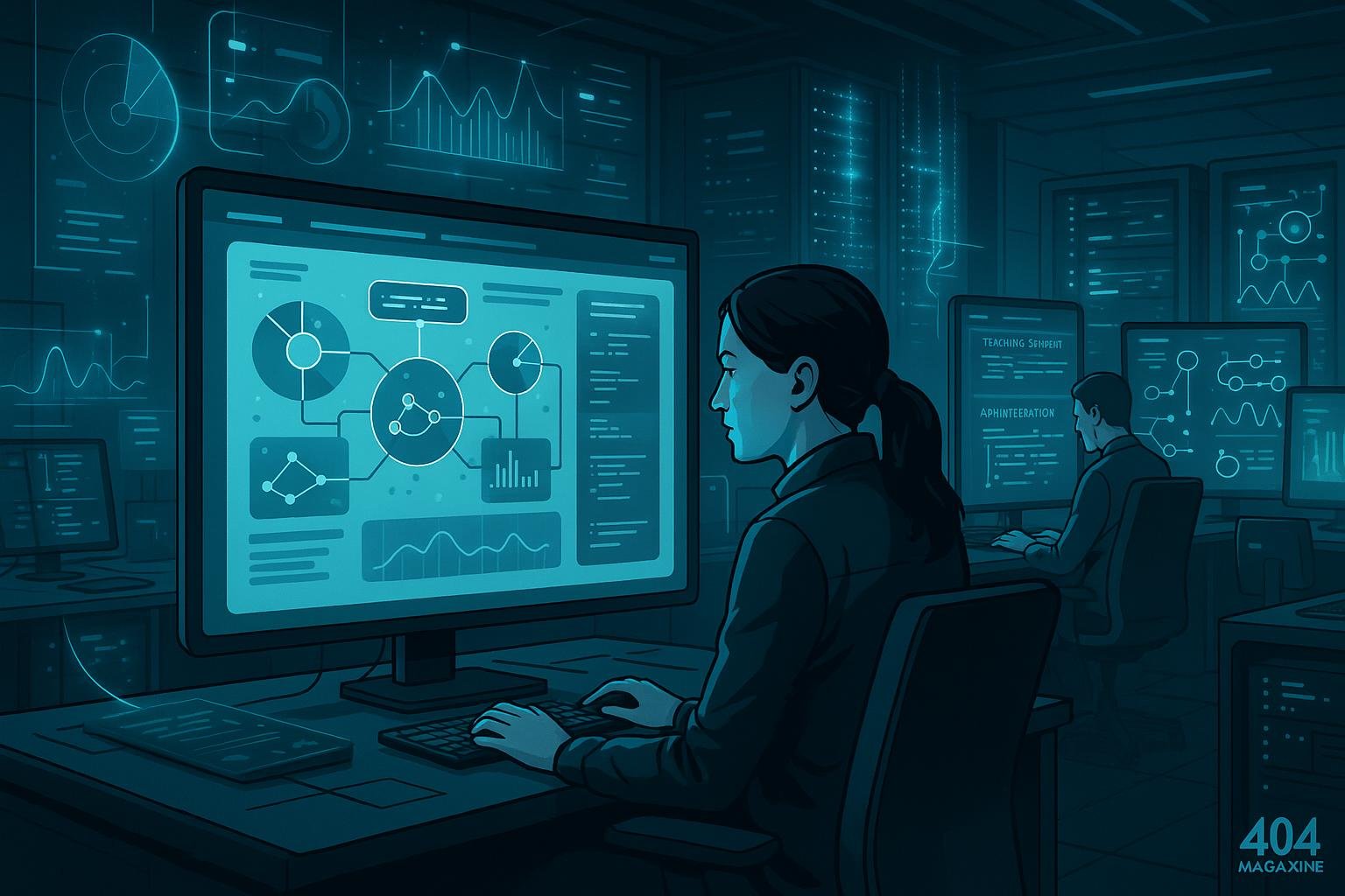 Futuristischer Arbeitsraum mit einer technischen Expertin vor einem großen Bildschirm, holografischen Datenvisualisierungen und Server-Racks im Hintergrund, Credit: 404 Magazine (Tobias Hager)