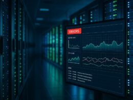 Schematisches Bild eines modernen Rechenzentrums mit leuchtenden Server-Racks und einem Dashboard mit Echtzeitfehlerwarnungen, das Technologie, Widerstandsfähigkeit und proaktives Fehler-Management zeigt.