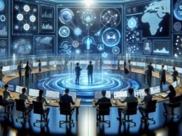 Futuristisches Marketing-Kommandocenter mit digitalen Bildschirmen, holografischen Kundenprofilen und KI-Tools, das Innovation und Datenintegration zeigt.
