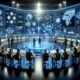 Futuristisches Marketing-Kommandocenter mit digitalen Bildschirmen, holografischen Kundenprofilen und KI-Tools, das Innovation und Datenintegration zeigt.