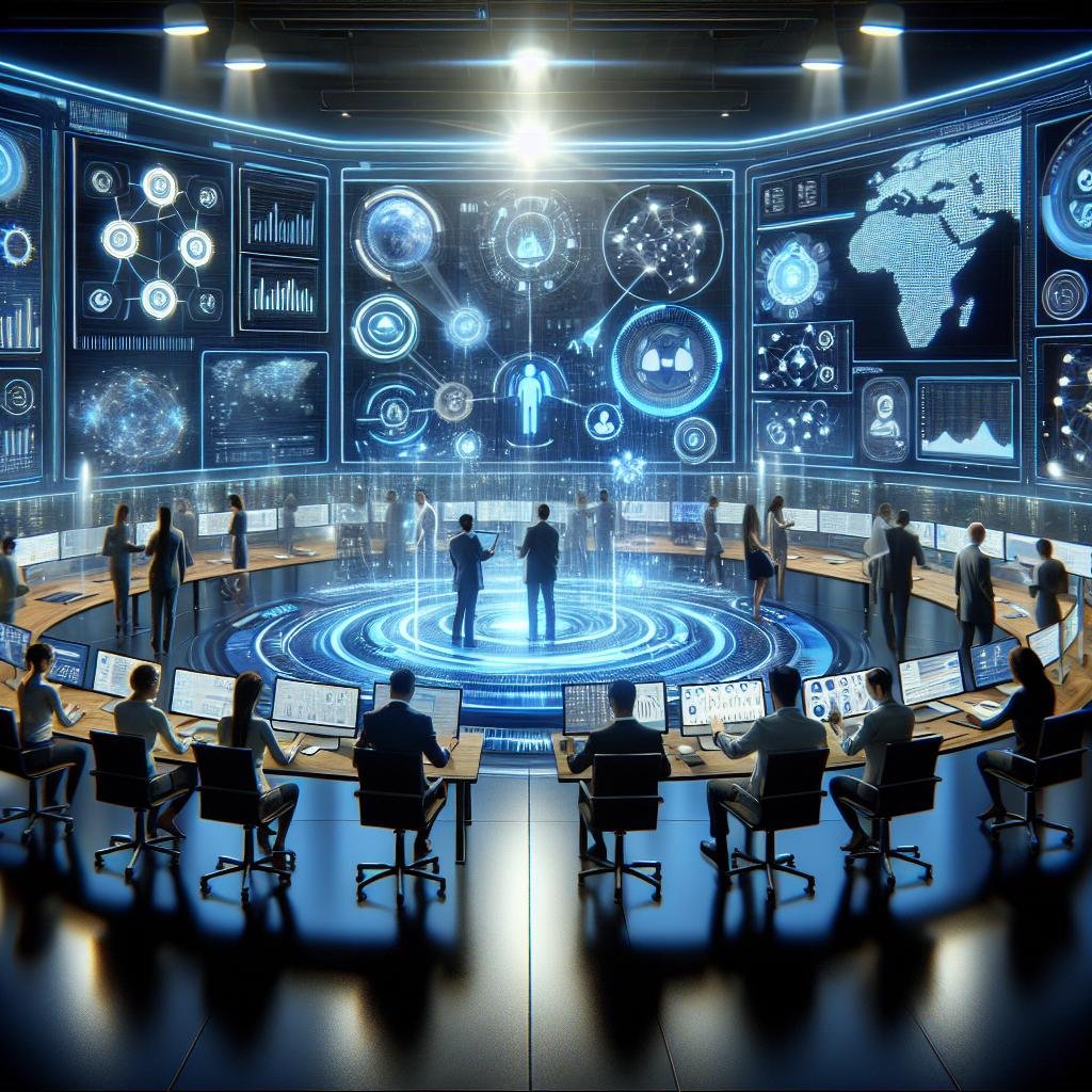 Futuristisches Marketing-Kommandocenter mit digitalen Bildschirmen, holografischen Kundenprofilen und KI-Tools, das Innovation und Datenintegration zeigt.