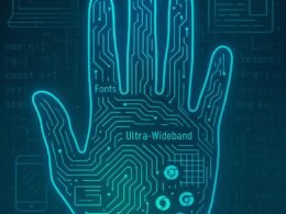 Futuristisches digitales Bild eines Handabdrucks mit technischen Merkmalen, umgeben von holographischen Computern, Smartphones und Codefragmenten, in blauen, grünen und neonfarbenen Tönen