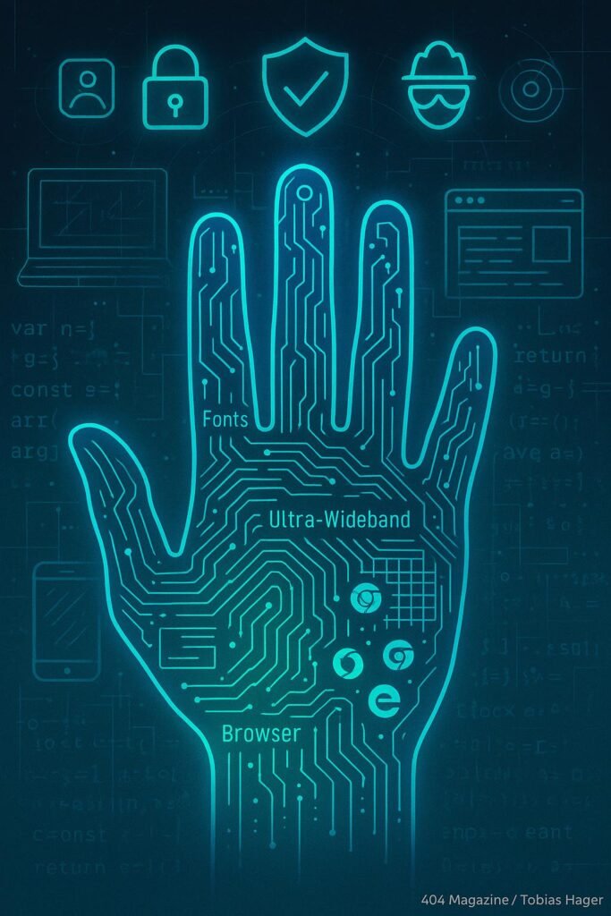 Futuristisches digitales Bild eines Handabdrucks mit technischen Merkmalen, umgeben von holographischen Computern, Smartphones und Codefragmenten, in blauen, grünen und neonfarbenen Tönen