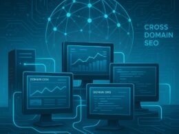 Stilisierte Computerbildschirme mit Diagrammen, Graphen und Code, verbunden durch leuchtende Linien vor einer Weltkugel mit Knoten, symbolisiert Netzwerke und SEO-Strategien.