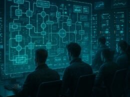 Futuristischer Kontrollraum mit transparentem Bildschirm, Data Pipelines und Entwicklern in Science-Fiction-Outfits