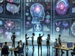 Dynamisches Team in einem modernen Büro mit digitalen Dashboards, holographischen Projektionen und futuristischen Interfaces, die den Einsatz von KI im Marketing zeigen.