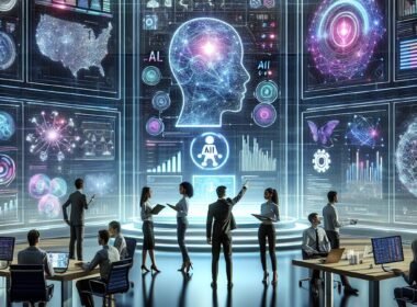 Dynamisches Team in einem modernen Büro mit digitalen Dashboards, holographischen Projektionen und futuristischen Interfaces, die den Einsatz von KI im Marketing zeigen.