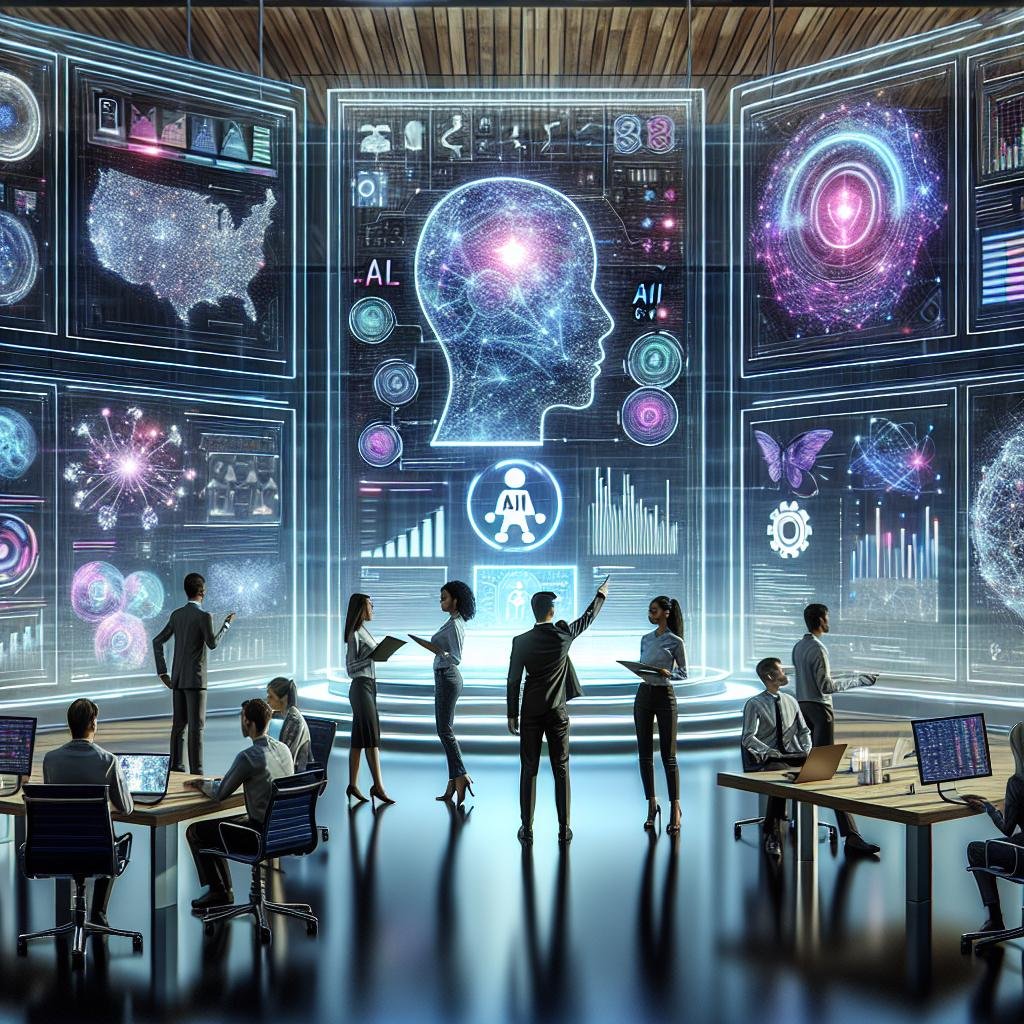 Dynamisches Team in einem modernen Büro mit digitalen Dashboards, holographischen Projektionen und futuristischen Interfaces, die den Einsatz von KI im Marketing zeigen.