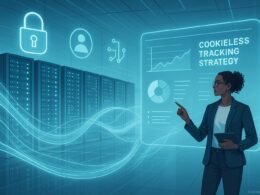 Moderne digitale Szene mit Server-Farm, holografischer Anzeige und Person mit Tablet im futuristischen Business-Umfeld, betont Fortschritt, Datenschutz und Transparenz.