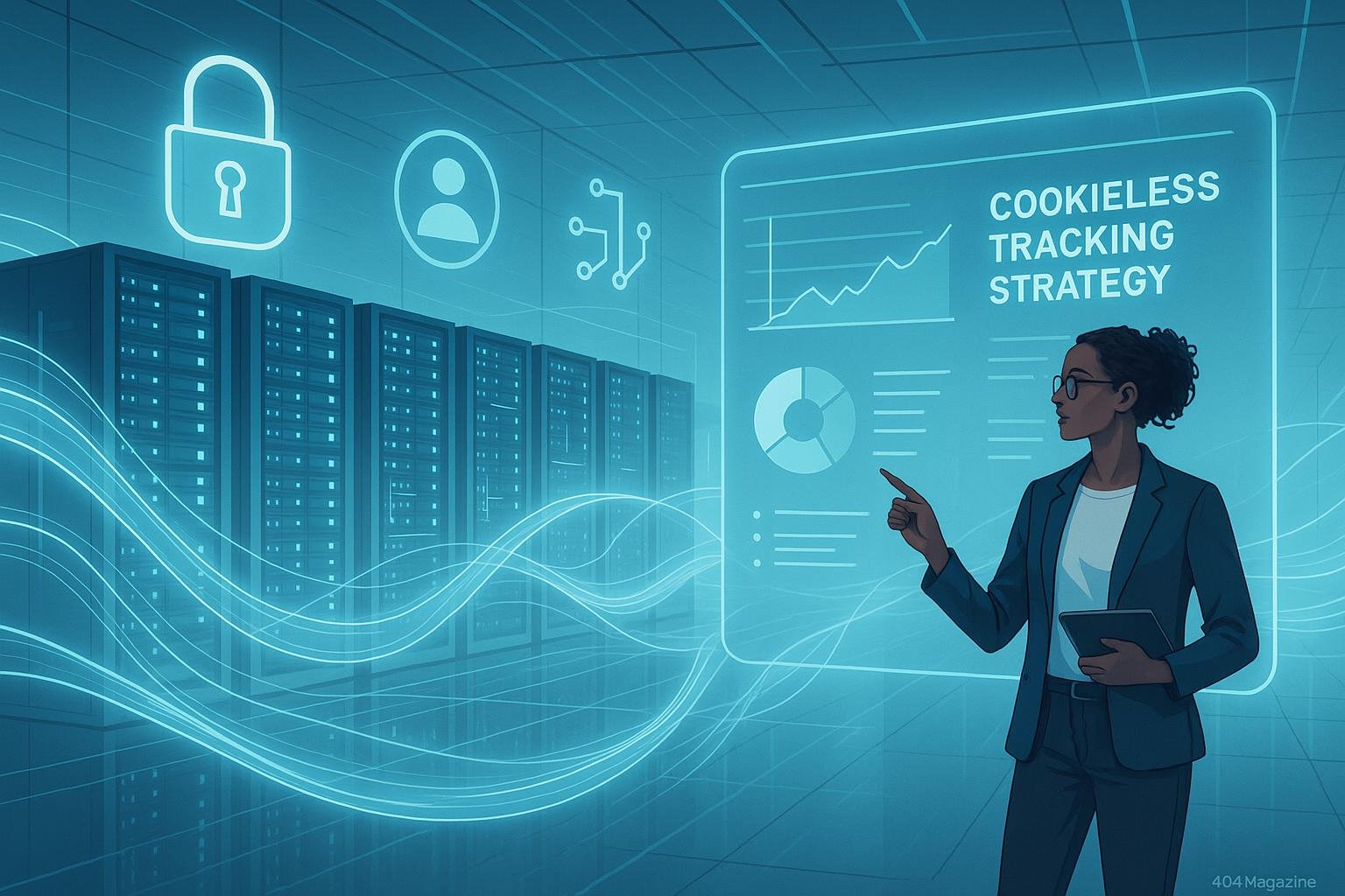 Moderne digitale Szene mit Server-Farm, holografischer Anzeige und Person mit Tablet im futuristischen Business-Umfeld, betont Fortschritt, Datenschutz und Transparenz.
