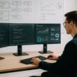 Person im Smart-Casual-Outfit arbeitet an mehreren Monitoren mit Code, SEO-Statistiken und technischen Diagrammen in einem minimalistischen, innovativen Büro