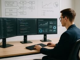Person im Smart-Casual-Outfit arbeitet an mehreren Monitoren mit Code, SEO-Statistiken und technischen Diagrammen in einem minimalistischen, innovativen Büro