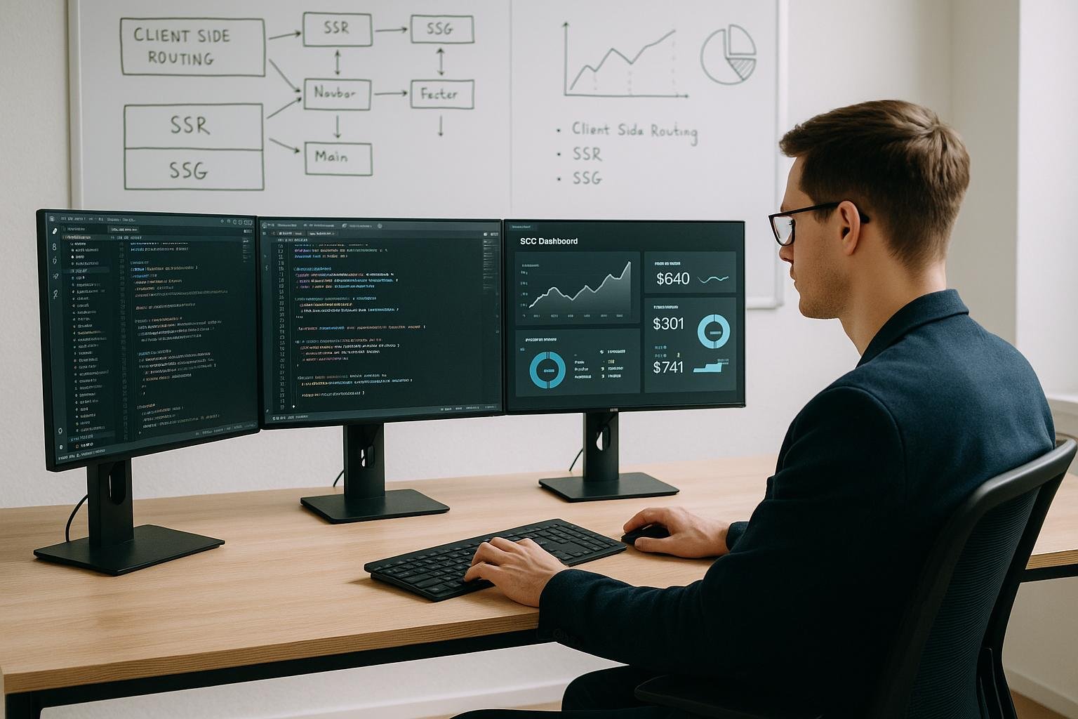 Person im Smart-Casual-Outfit arbeitet an mehreren Monitoren mit Code, SEO-Statistiken und technischen Diagrammen in einem minimalistischen, innovativen Büro