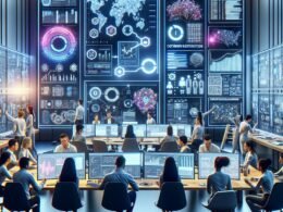 Dynamisches Team arbeitet in einem High-Tech-Büro mit digitalen Visualisierungen, Dashboards und KI-Tools im Bereich Marketing und Datenanalyse