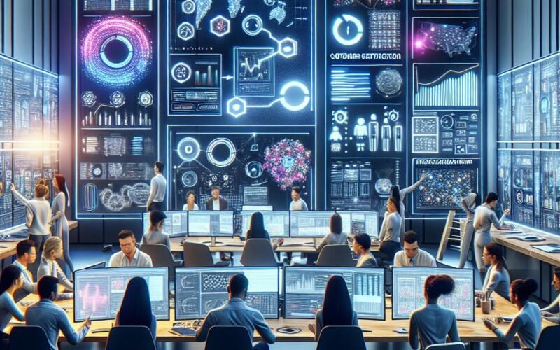 Dynamisches Team arbeitet in einem High-Tech-Büro mit digitalen Visualisierungen, Dashboards und KI-Tools im Bereich Marketing und Datenanalyse
