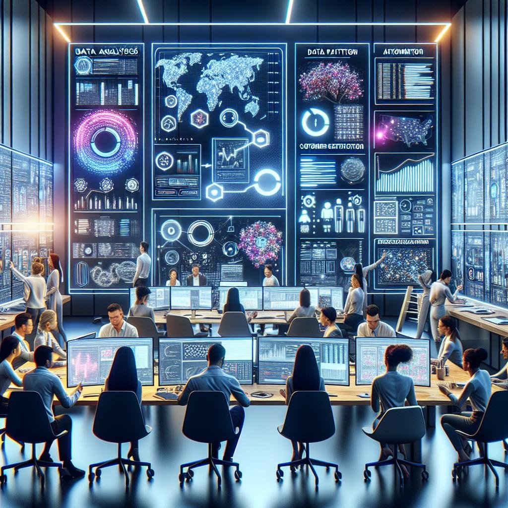 Dynamisches Team arbeitet in einem High-Tech-Büro mit digitalen Visualisierungen, Dashboards und KI-Tools im Bereich Marketing und Datenanalyse