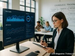 Modernes Büro mit Bildschirm, Person beim Notizenmachen, Kollegen und Whiteboards zu Tracking-Methoden, zeigt technologische Innovation im digitalen Marketing