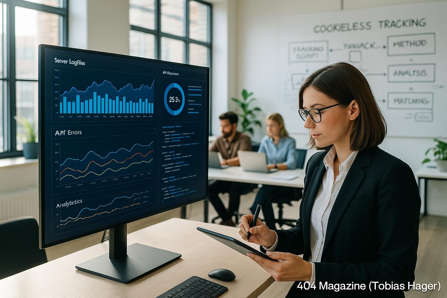 Modernes Büro mit Bildschirm, Person beim Notizenmachen, Kollegen und Whiteboards zu Tracking-Methoden, zeigt technologische Innovation im digitalen Marketing