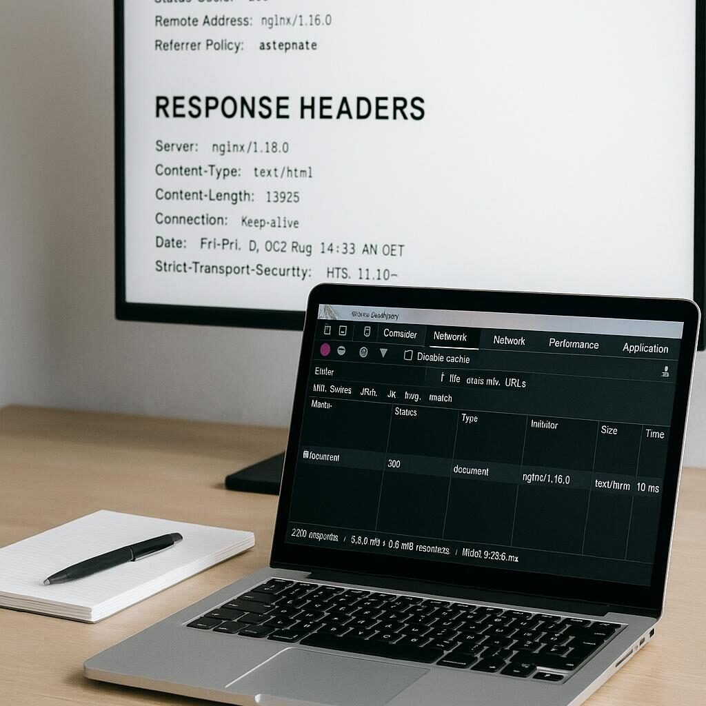 Moderner Bürotisch mit Laptop und Bildschirm, der Netzwerk- und Header-Informationen einer Webseite anzeigt, professionell eingerichtet mit Notizblock und Stift