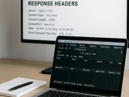 Moderner Bürotisch mit Laptop und Bildschirm, der Netzwerk- und Header-Informationen einer Webseite anzeigt, professionell eingerichtet mit Notizblock und Stift