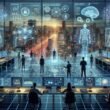 Futuristische digitale Landschaft mit Kontrollraum, holographischen Daten, autonomen Robotern und einer leuchtenden Stadt im Hintergrund, die die allgegenwärtige Rolle der KI im Jahr 2025 darstellen.