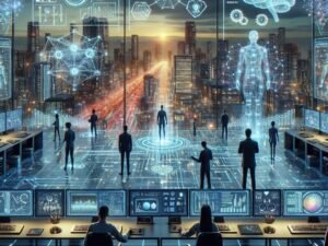 Futuristische digitale Landschaft mit Kontrollraum, holographischen Daten, autonomen Robotern und einer leuchtenden Stadt im Hintergrund, die die allgegenwärtige Rolle der KI im Jahr 2025 darstellen.