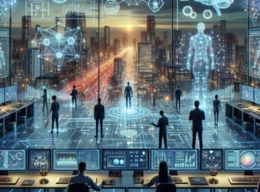 Futuristische digitale Landschaft mit Kontrollraum, holographischen Daten, autonomen Robotern und einer leuchtenden Stadt im Hintergrund, die die allgegenwärtige Rolle der KI im Jahr 2025 darstellen.