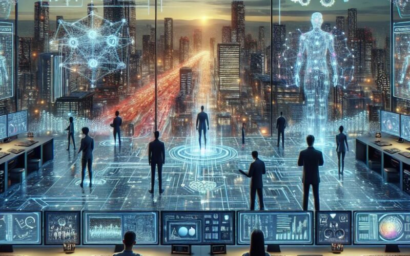 Futuristische digitale Landschaft mit Kontrollraum, holographischen Daten, autonomen Robotern und einer leuchtenden Stadt im Hintergrund, die die allgegenwärtige Rolle der KI im Jahr 2025 darstellen.