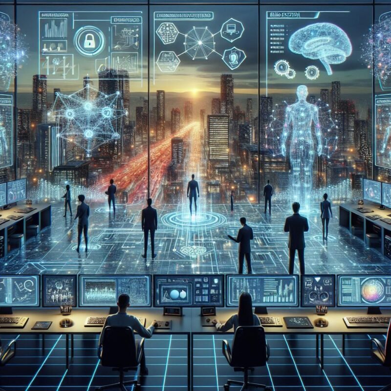 Futuristische digitale Landschaft mit Kontrollraum, holographischen Daten, autonomen Robotern und einer leuchtenden Stadt im Hintergrund, die die allgegenwärtige Rolle der KI im Jahr 2025 darstellen.