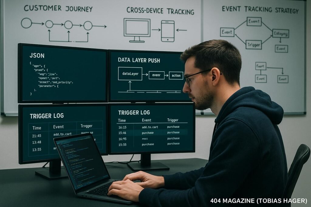 Moderner Arbeitsplatz mit Monitoren, JSON-Daten, Code-Visuals und Whiteboards mit Customer Journey Diagrammen, repräsentiert einen hochentwickelten technischen Workflow.