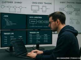 Moderner Arbeitsplatz mit Monitoren, JSON-Daten, Code-Visuals und Whiteboards mit Customer Journey Diagrammen, repräsentiert einen hochentwickelten technischen Workflow.