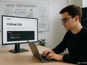 Person arbeitet an einem Laptop in einem modernen Büroraum mit großem Bildschirm, Whiteboard mit Skizzen zu Web-Performance und Server-Racks im Hintergrund