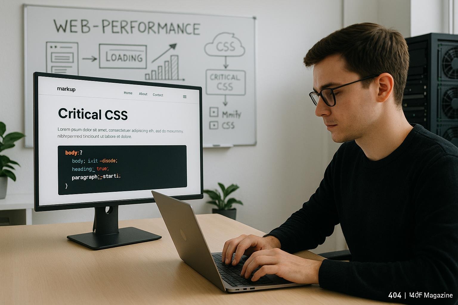 Person arbeitet an einem Laptop in einem modernen Büroraum mit großem Bildschirm, Whiteboard mit Skizzen zu Web-Performance und Server-Racks im Hintergrund