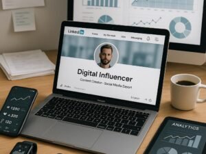 Moderner Arbeitsplatz für Influencer mit Laptop, Smartphone, Tablet, Smartwatch, Whiteboard und Kaffee, der technisches Arbeiten und Datenanalyse zeigt