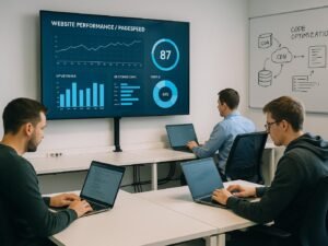 Modernes Büro mit Entwicklern, großen Bildschirmen, Diagrammen und Whiteboard-Skizzen zu Website-Performance und Pagespeed im minimalistischen Raum