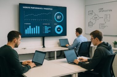 Modernes Büro mit Entwicklern, großen Bildschirmen, Diagrammen und Whiteboard-Skizzen zu Website-Performance und Pagespeed im minimalistischen Raum